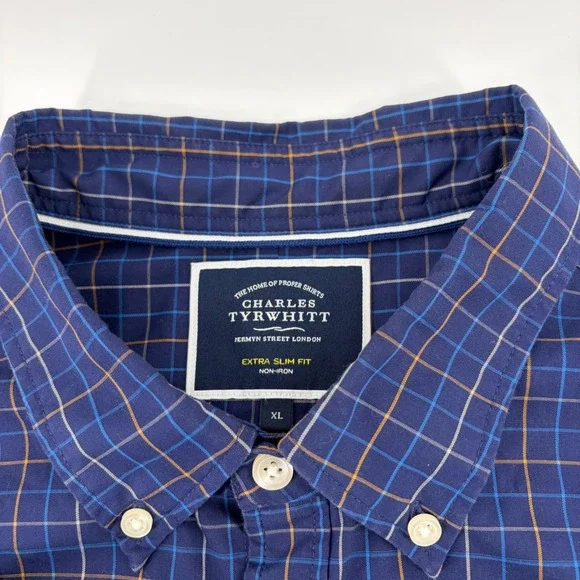 Charles Tyrwhitt Mens XL Extra Slim Fit Non-Iron Navy Blue Check Shirt Logo - Picture 2 of 10